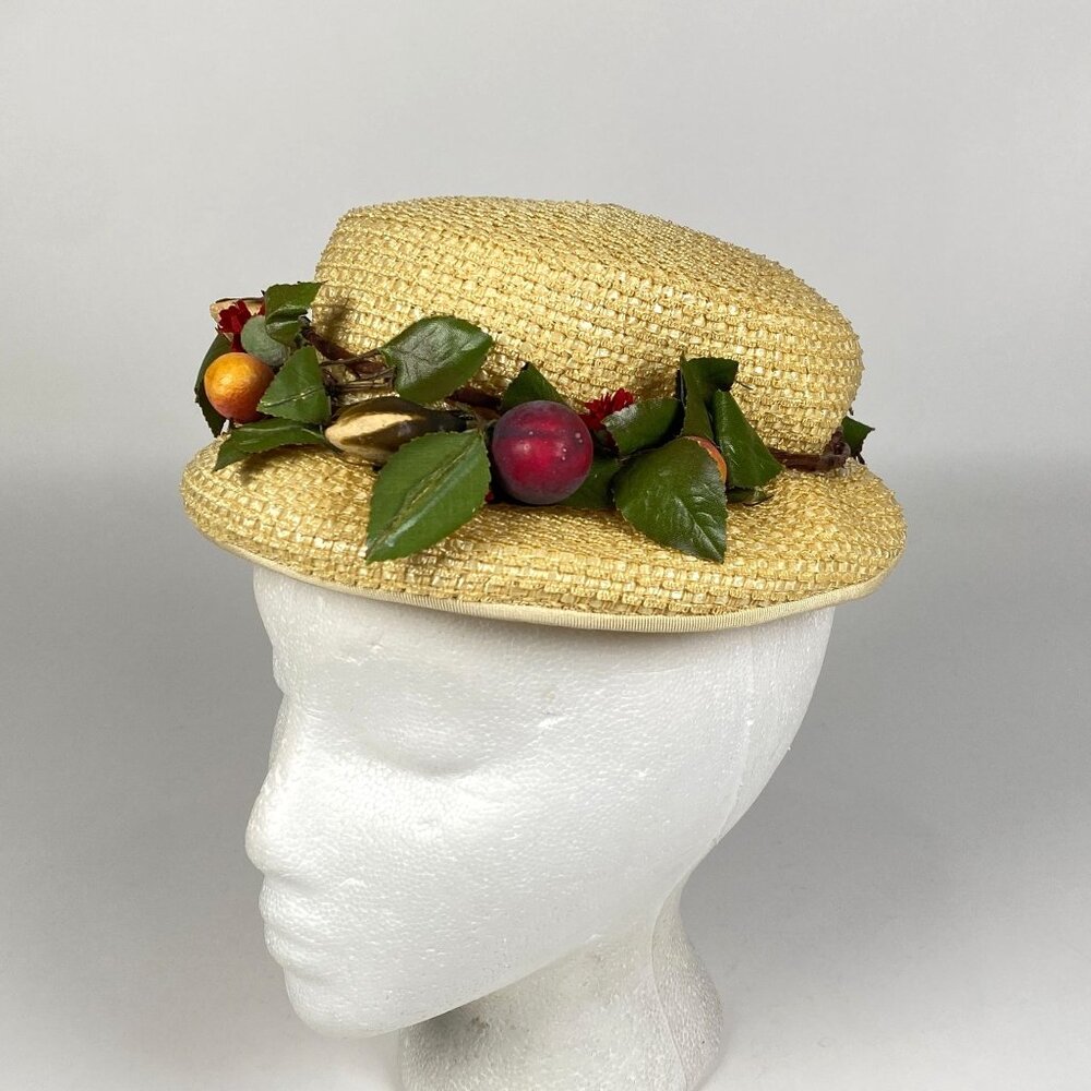 Vintage Ladies Straw Boater Hat Millinery Faux Fruit Greenery Band Cottagecore